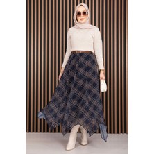 kft Asimetrik Kesim Ekose Şifon Etek Lacivert