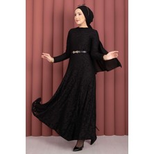 EFL Bella Dantel Detaylı Kemerli Tesettür Elbise Siyah