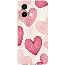 TechTree Vivo Y28 Uyumlu Çizgisel Pembe Kalp Baskılı Silikon Kılıf