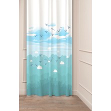 Greendecor Mavi Bulut Şehir Doğa Martı Dağ Bohem Desenli Özel Tasarım Dijital Baskılı (Tek Kanat) Şık Fon Perde