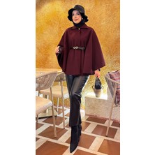 Md Seyyar  Kemerli Düğme Detaylı Tesettür Kaşe Panço Bordo