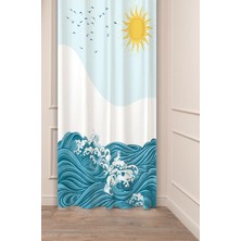 Greendecor Mavi Deniz Güneş Martı Bohem Desenli Özel Tasarım Dijital Baskılı (Tek Kanat) Modern Şık Fon Perde