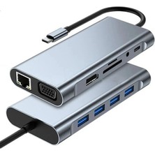 Taplin Taplın 11 In 1 Type-C To USB Hub Port Uyumlu Adaptör Hdmı 4x USB Lan VGA Sd Card Çevirici Çoklayıcı