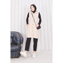 Md Kapüşonlu Düğmeli Tesettür Kapitone Yelek Bej