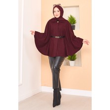 Md Kazayağı Desenli Kemerli Tesettür Panço Bordo