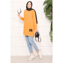 Cvn Taş Işlemeli Ponponlu Tesettür Tunik Hardal