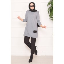 Cvn Taş Işlemeli Ponponlu Tesettür Tunik Gri