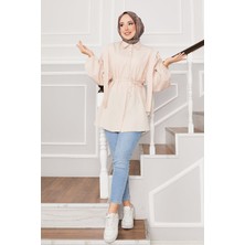 Asm Omuz Detaylı Gizli Düğmeli Tesettür Gömlek Bej