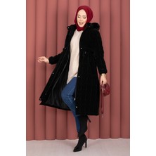 Hsm Kapitone Desen Kürk Kapüşonlu Nova Kaban Siyah