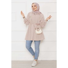 Asm Boydan Gizli Düğmeli Pile Detaylı Tesettür Gömlek Bej