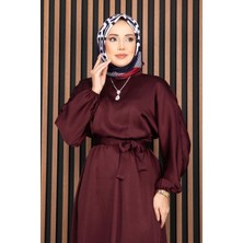 Md Beli Büzgülü Kuşaklı Tesettür Elbise Bordo