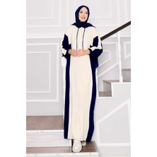 Mo Kapüşonlu Spor Triko Elbise Ekru-Lacivert