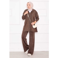 Frx Gold Işıltılı Fermuarlı Kapüşonlu Triko İkili Takım Kahve