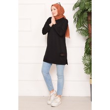 Cvn Taş Işlemeli Ponponlu Tesettür Tunik Siyah