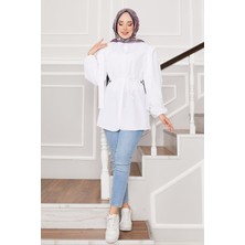 Asm Omuz Detaylı Gizli Düğmeli Tesettür Gömlek Beyaz