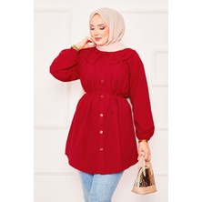 Asm Çift Yakalı Beli Bağcıklı Tesettür Gömlek Kırmızı