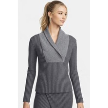 Nike Yoga Ribbed Shawl Collar Loose Fit Sweatshirt Kadın Bol Kesim Fitilli Şal Yaka Sweatshirt Füme