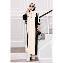 Mo Kapüşonlu Spor Triko Elbise Siyah-Ekru