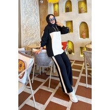 Mo Kapüşonlu İki Renk Triko Takım Siyah