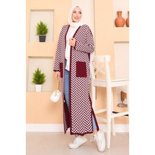 RAF Cep Detaylı Zikzak Çizgili Tesettür Triko Hırka Bordo