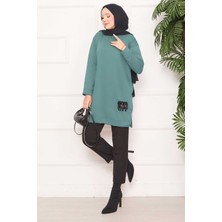 Cvn Taş Işlemeli Ponponlu Tesettür Tunik Çağla Yeşili