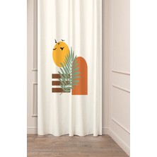 Greendecor Bohem Model Yaprak Güneş Kuş Desenli Özel Tasarım Dijital Baskılı (Tek Kanat) Bej Krem Şık Fon Perde