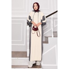 Mo Kapüşonlu Spor Triko Elbise Gri-Ekru