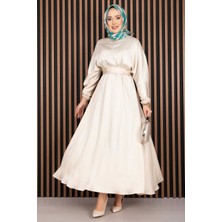 Md Beli Büzgülü Kuşaklı Tesettür Elbise Bej