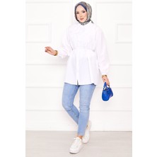 Asm Roba Büzgülü Beli Bağcıklı Tesettür Gömlek Beyaz