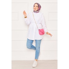 Asm Çift Yakalı Beli Bağcıklı Tesettür Gömlek Beyaz