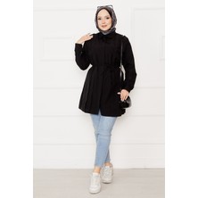 Asm Boydan Gizli Düğmeli Pile Detaylı Tesettür Gömlek Siyah