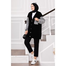 Frx Kot Garnili Taş Detaylı Saç Örgü Triko Hırka Siyah