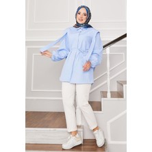 Asm Omuz Detaylı Gizli Düğmeli Tesettür Gömlek Bebe Mavisi