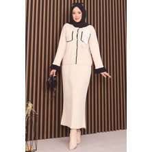 Frx Çiçek Detaylı Sedef Düğmeli Tesettür Triko Takım Ekru