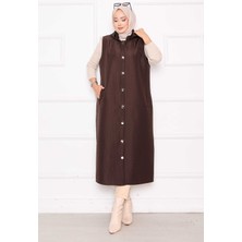 Nz Düğmeli & Kapüşonlu Uzun Kapitone Yelek Kahve