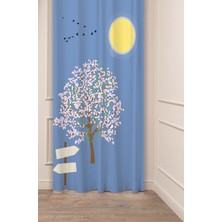 Greendecor Ağaç Kuşlar Güneş Yol Mavi Desenli Özel Tasarım Dijital Baskılı (Tek Kanat) Şık Modern Fon Perde