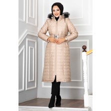 Sm Kapüşonlu Kapitone Tesettür Mont Krem