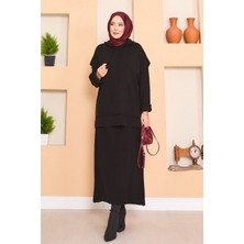 RAF Kapüşonlu Süveter Detaylı Tesettür İkili Elbise Takım Siyah