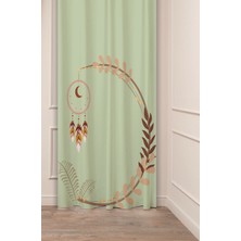 Greendecor Çiçek Ay Halka Yaprak Yeşil Bohem Deseneli Özel Tasarım Dijital Baskılı (Tek Kanat) Modern Fon Perde