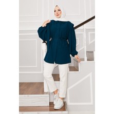 Asm Omuz Detaylı Gizli Düğmeli Tesettür Gömlek Petrol