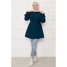 Asm Boydan Gizli Düğmeli Pile Detaylı Tesettür Gömlek Petrol