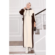 Mo Kapüşonlu Spor Triko Elbise Ekru-Kahve