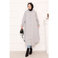 Nz Kapüşonlu Boydan Düğmeli Kaşe Kap Gri