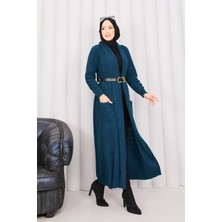 RAF Saç Örgü Şal Yaka Tesettür Triko Hırka Petrol