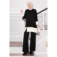 Frx Taş Düğmeli İki Renk Triko Takım Siyah