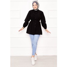 Asm Roba Büzgülü Beli Bağcıklı Tesettür Gömlek Siyah