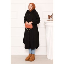 Nz Kapüşonlu Boydan Düğmeli Kaşe Kap Siyah