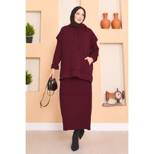 RAF Kapüşonlu Süveter Detaylı Tesettür İkili Elbise Takım Bordo