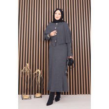 RAF Düğmeli Pelerin & Triko Elbise Tesettür İkili Takım Gri