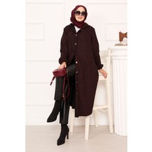 Nz Leopar Desenli Düğmeli Kaşe Kap Bordo